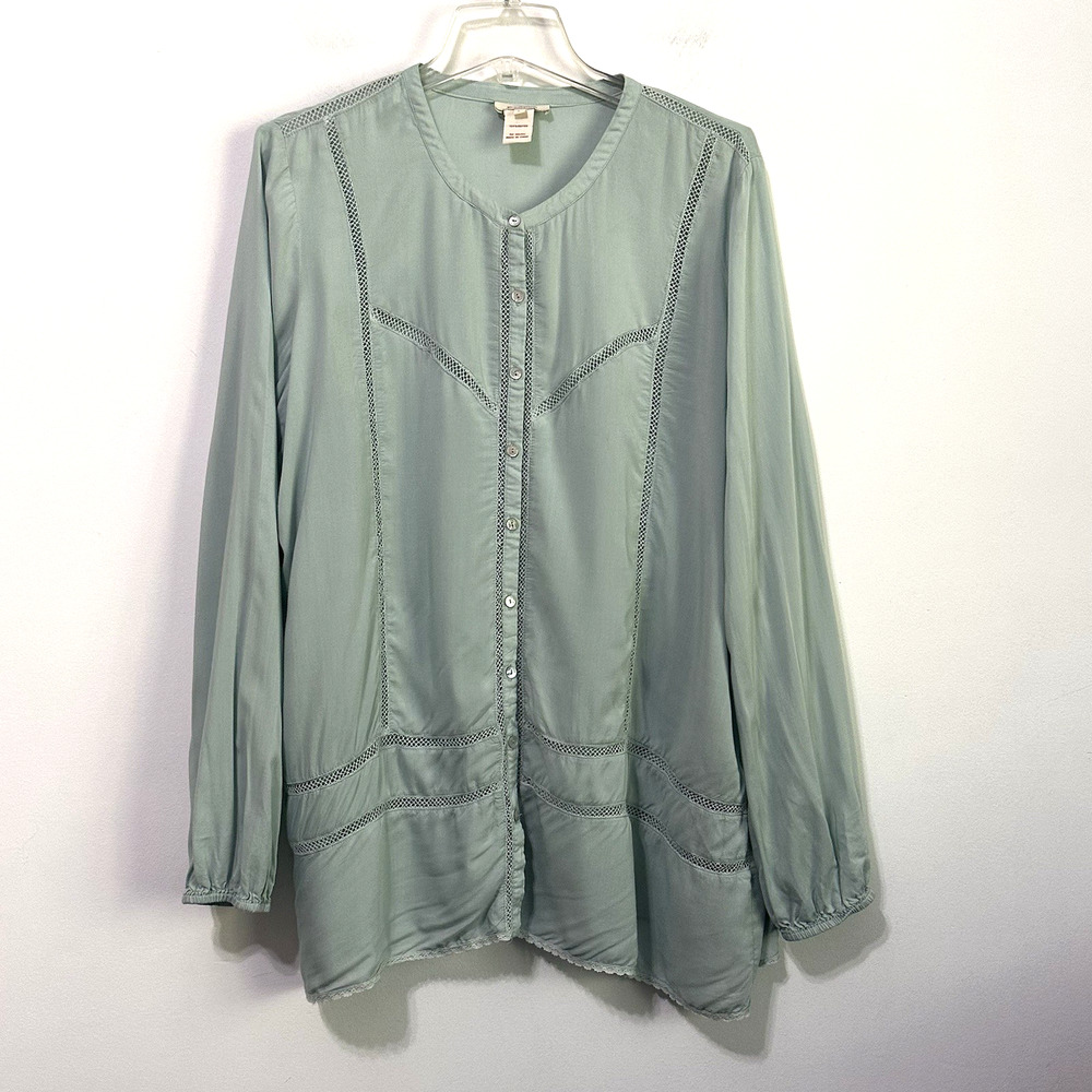 Sundance Blouse Top L Mint Green Button Front Long Sleeve Boho Rayon Ladder Stch